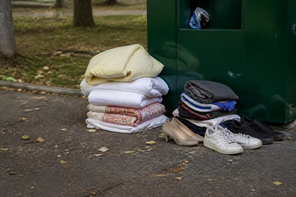 Vetements, chaussures et draps empiles devant bac de collecte